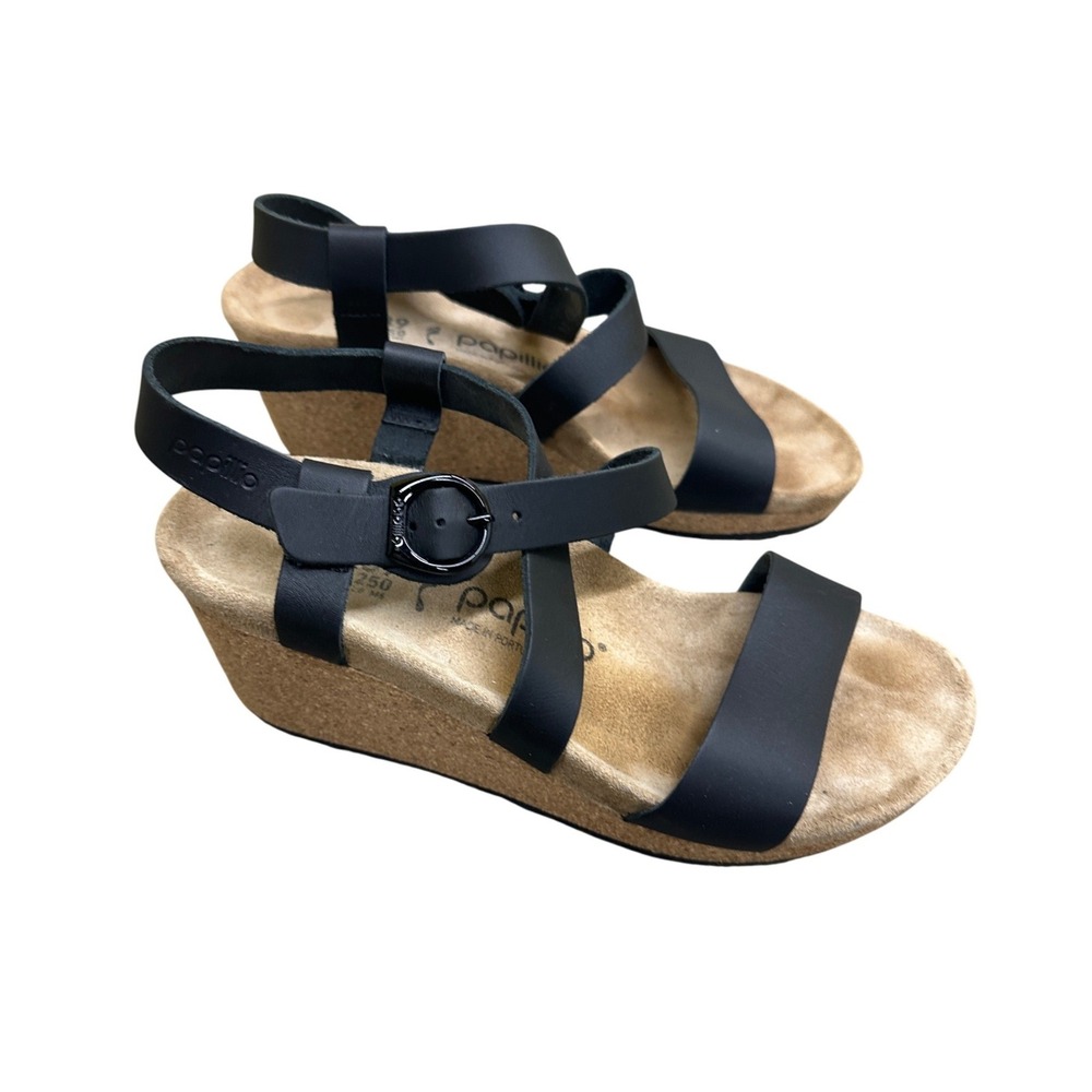 Papillio by Birkenstock Sybil Black Leather Wedge Sandals Size 39 US 8.5 - 9